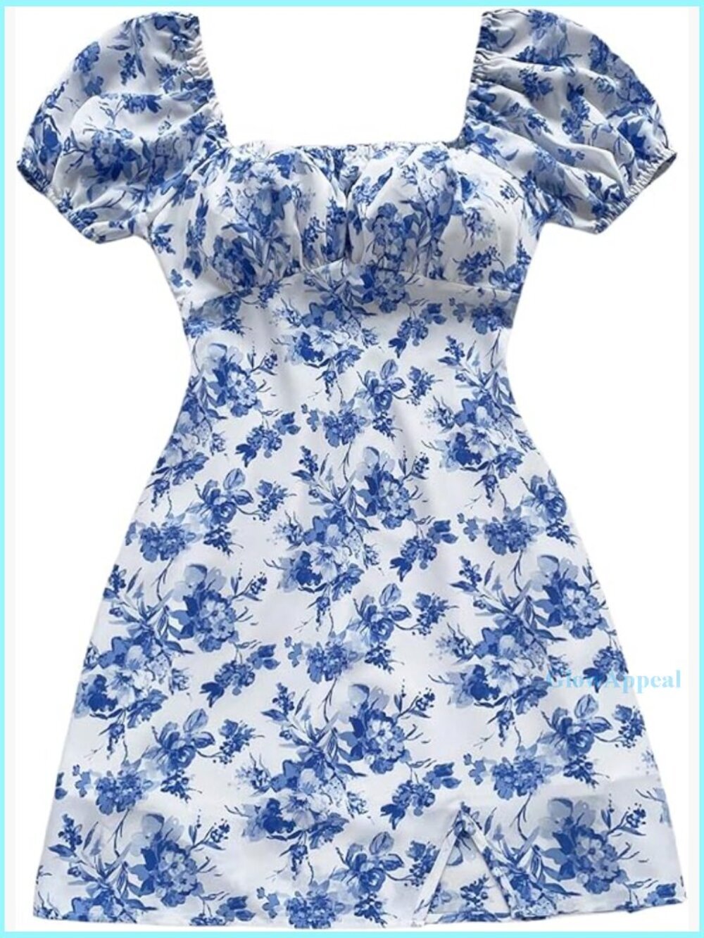 Floral Puff Sleeve Square Neck A-Line Mini Dress, Ruched Bust, Boho Style